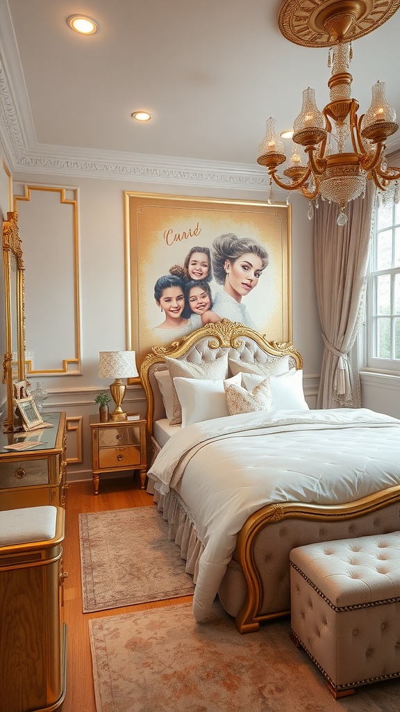 A glamorous girl's bedroom featuring gold accents, elegant furniture, and a chandelier.