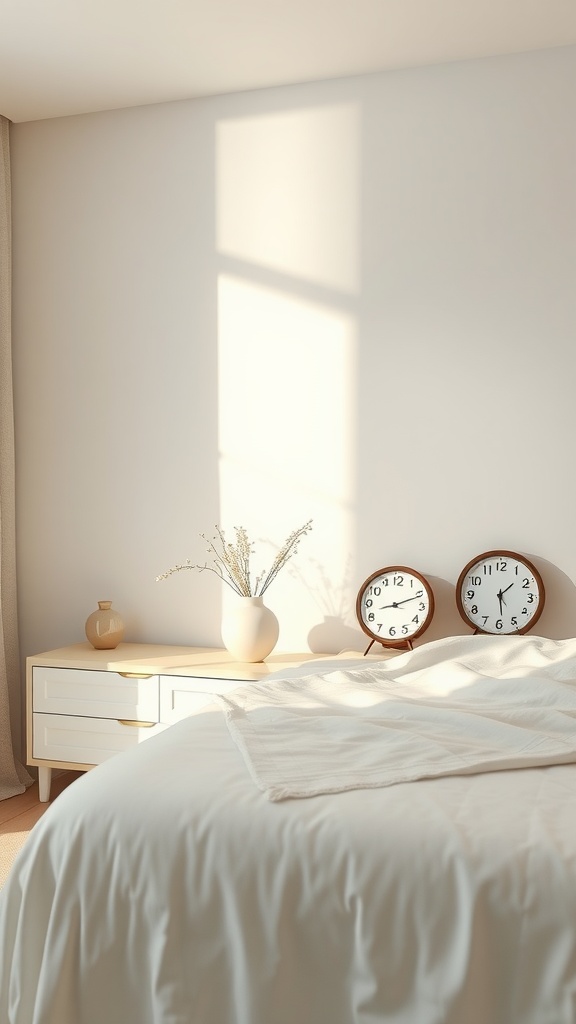 A minimalist bedroom featuring a bed, a nightstand with a vase and two clocks on the wall, illuminated by sunlight.