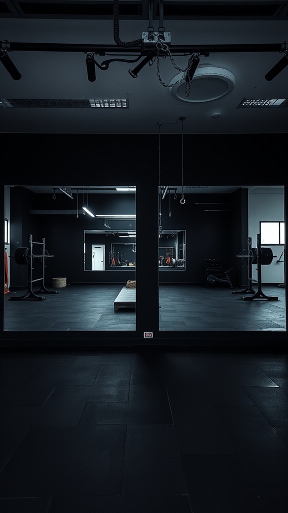 A black garage gym featuring mirrors that enhance the spacious feel and reflect gym equipment.