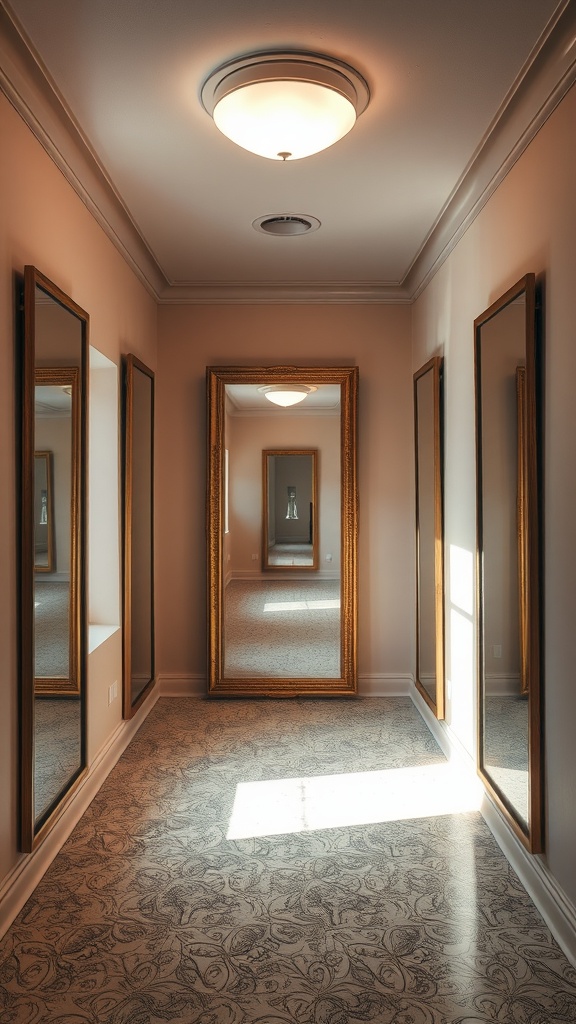 A hallway featuring multiple mirrors with elegant frames, enhancing the sense of space and light.