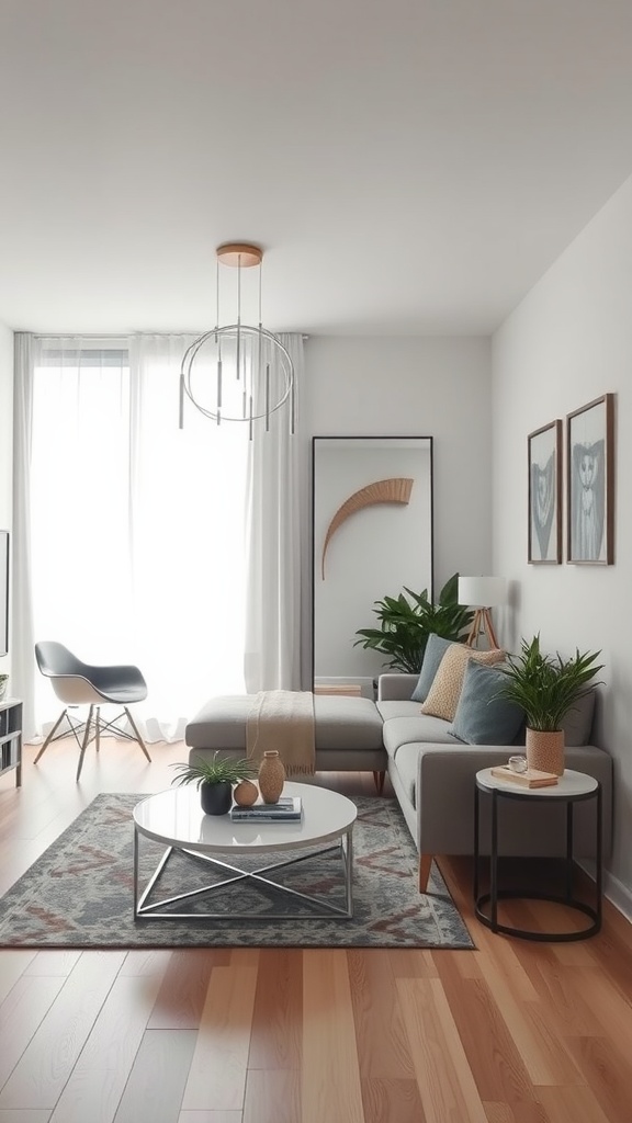 A cozy small living room with a light color palette, plants, and mirrors reflecting the natural light.