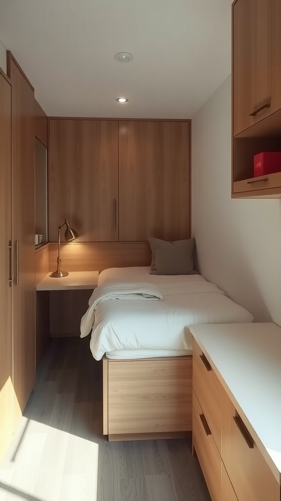 A narrow bedroom with multi-functional furniture, featuring an elevated bed with storage underneath, a desk lamp, and cabinets.