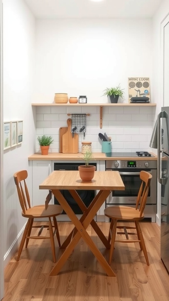 Cozy small kitchen with a foldable table and wooden chairs, complemented by open shelving and plants.