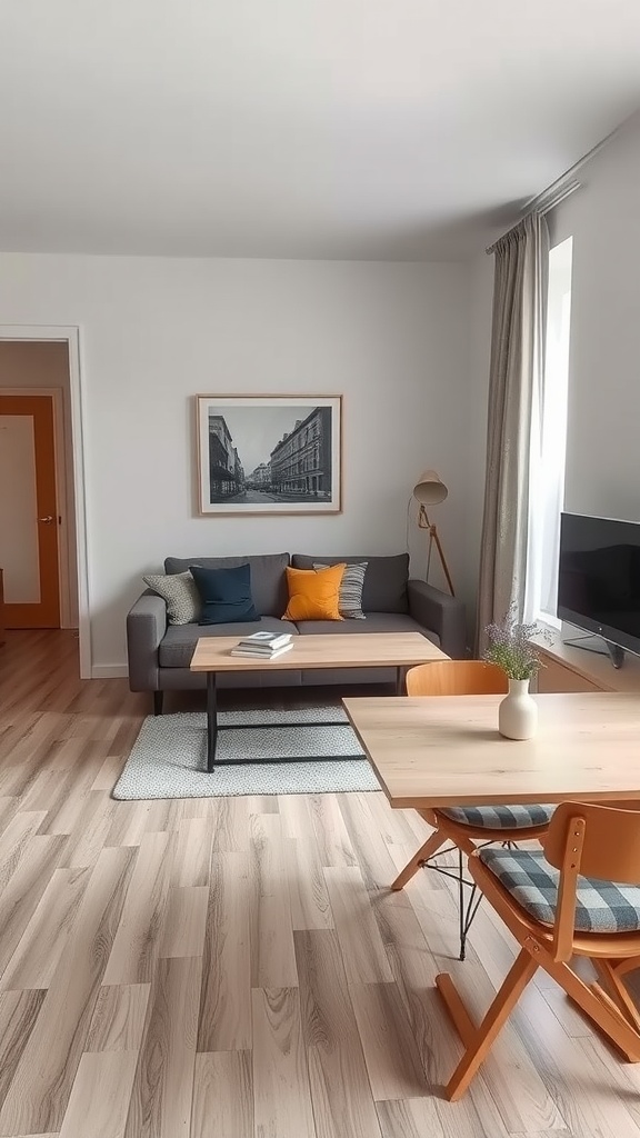 A cozy studio apartment featuring a sofa, coffee table, dining table, and chairs.