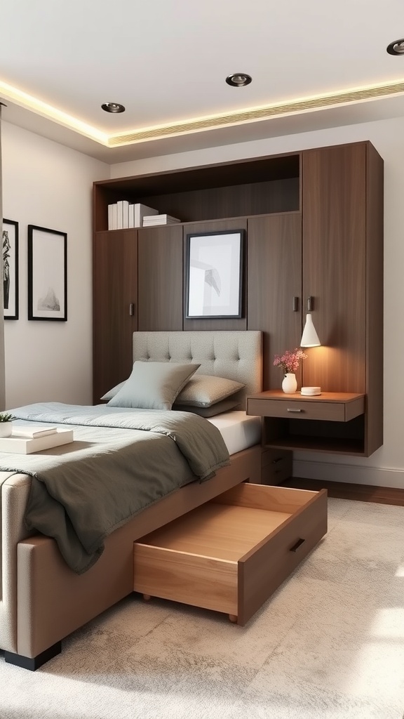 A bedroom featuring multifunctional furniture with a bed that has under-bed storage and a headboard with shelves.