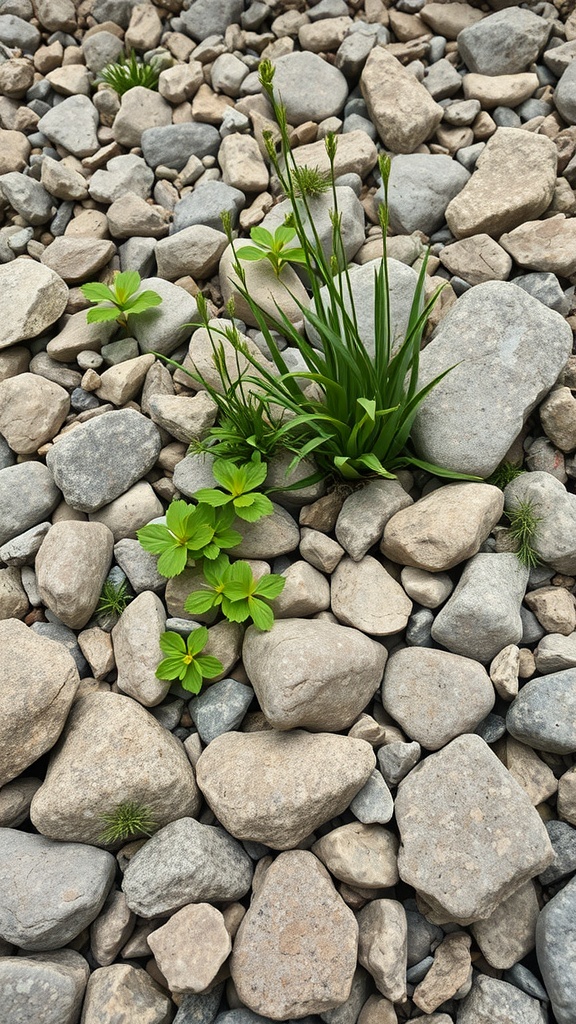 A close-up view of rock beds featuring various native plants.