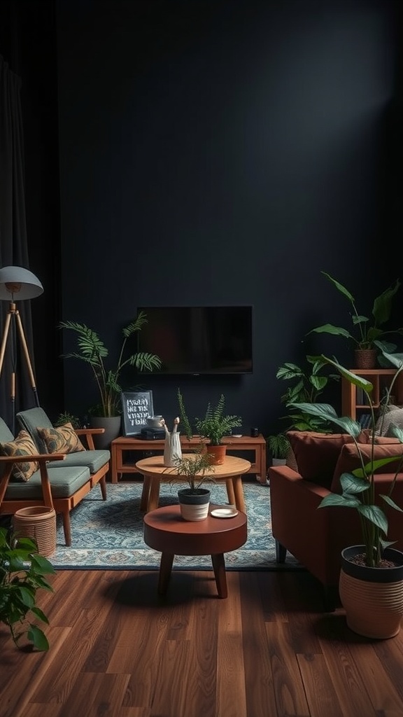 A cozy dark living room featuring plants, wooden furniture, and warm accents.