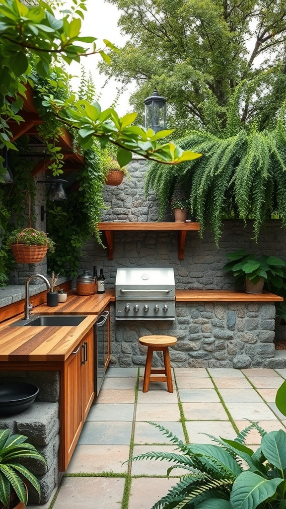Outdoor kitchen with wooden counters, stone walls, and lush green plants