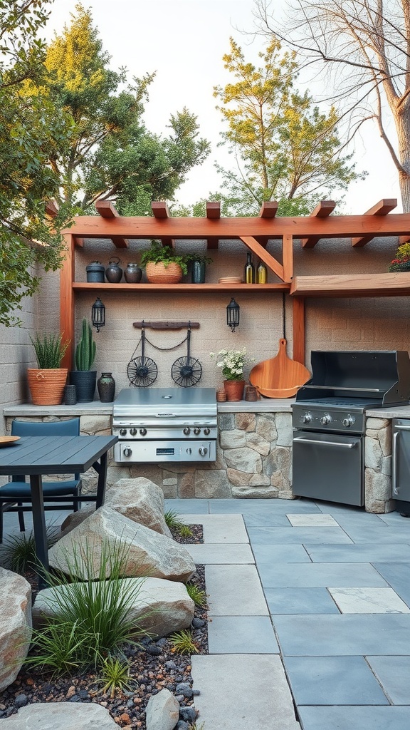 Rustic outdoor kitchen featuring stone and wood elements, surrounded by natural plants and a pergola.