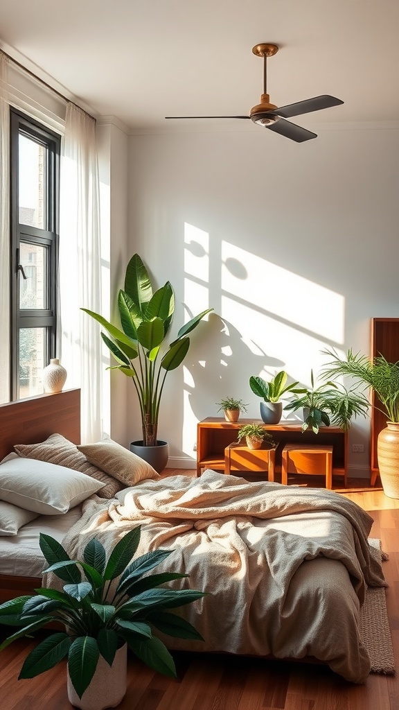 A cozy modern bedroom featuring plants, warm wooden furniture, and soft linens.