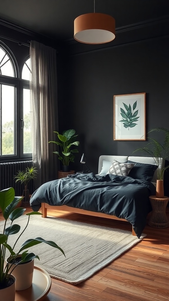 A stylish black bedroom featuring plants, wooden furniture, and natural light.