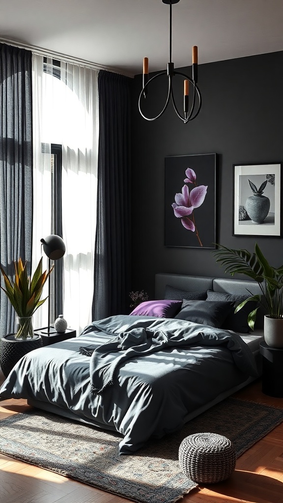 A stylish black and purple bedroom featuring natural elements like plants and soft textures.