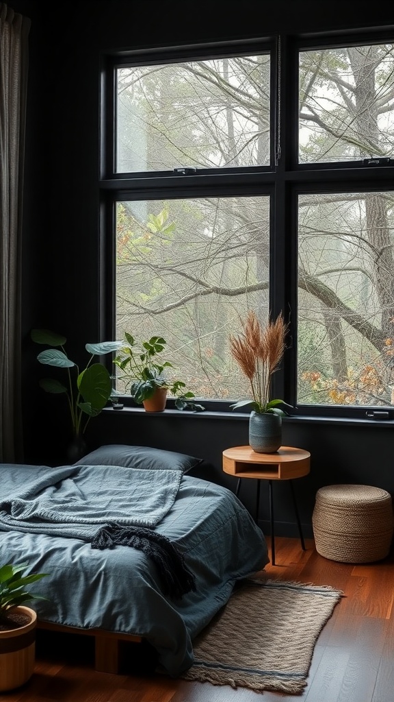 A cozy black and brown bedroom featuring plants, wooden furniture, and natural light.