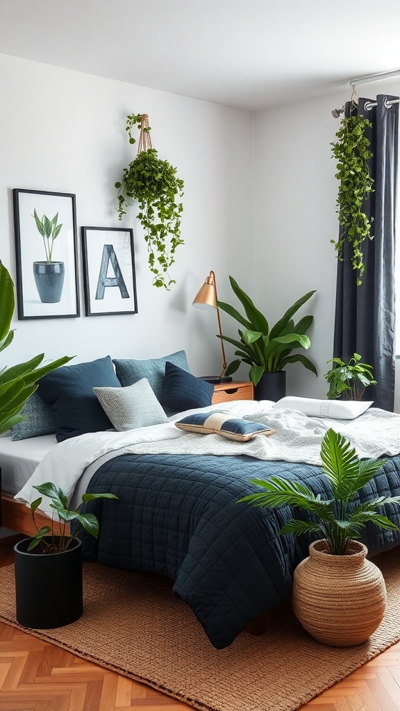 A cozy black and blue bedroom featuring plants, a jute rug, and stylish decor.