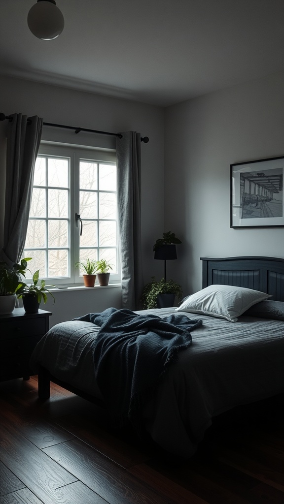A cozy moody bedroom featuring a bed with a blanket, plants by the window, and dark wood flooring.