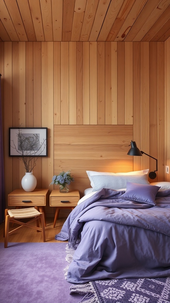 A cozy purple bedroom featuring wooden walls and ceiling, purple bedding, and natural decor elements.