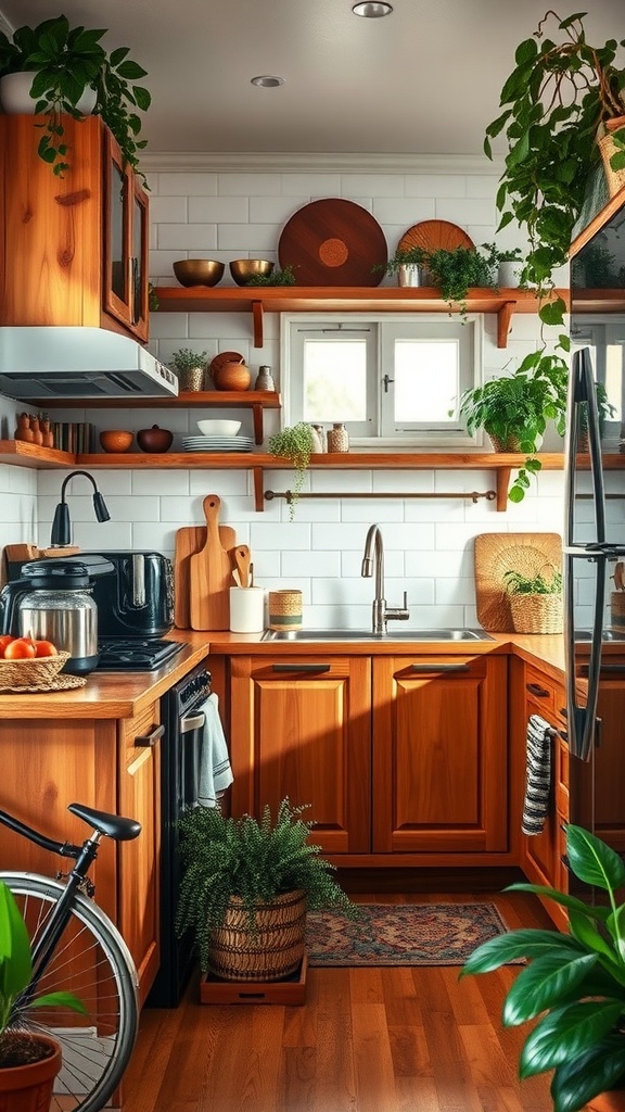 A cozy kitchen featuring wooden cabinets, shelves with plants, and warm lighting.