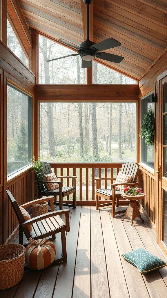 A cozy small screened-in porch with wooden accents, featuring chairs, cushions, and plants.