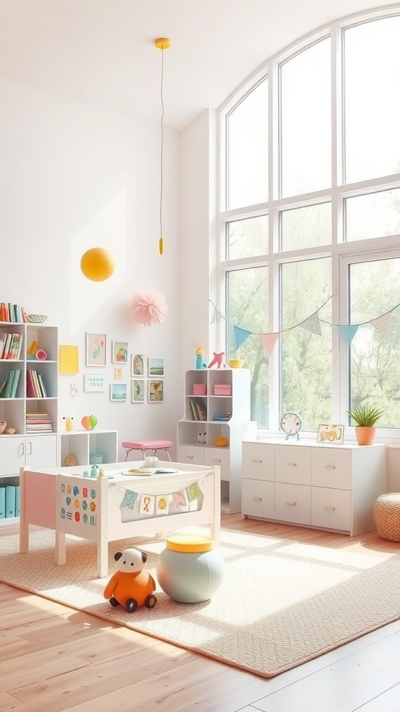 A bright and cheerful kids' bedroom featuring large windows, colorful decor, and a playful atmosphere.