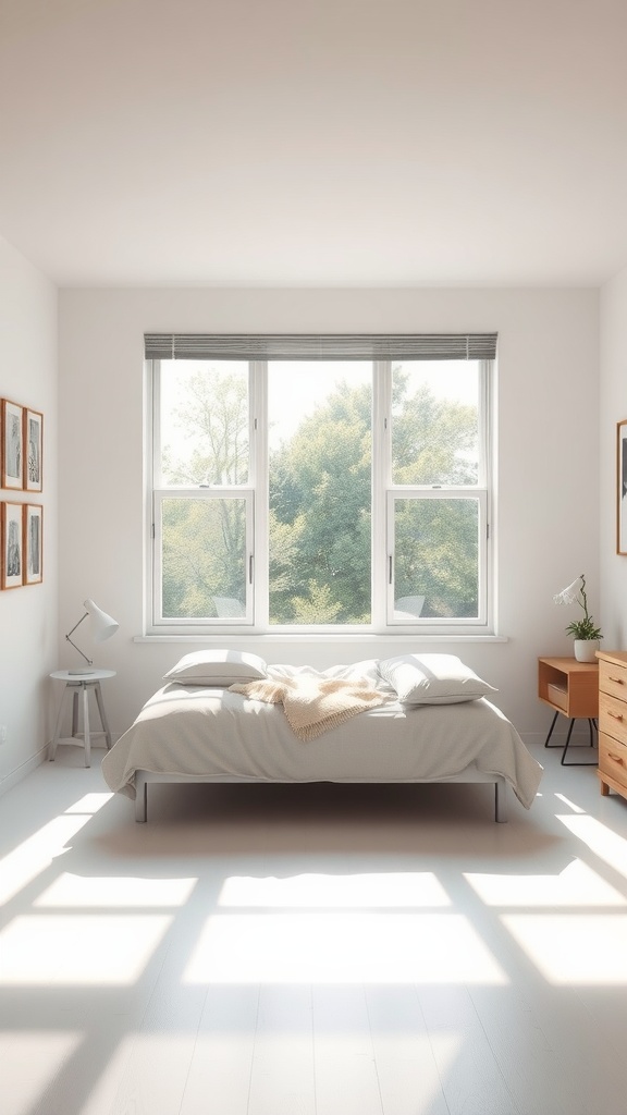 Bright small bedroom with large windows allowing natural light, featuring a bed, side table, and decorative plants.