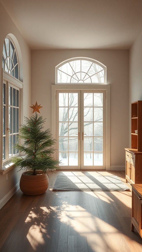 Bright all-season room with large windows, a Christmas tree, and wooden furniture