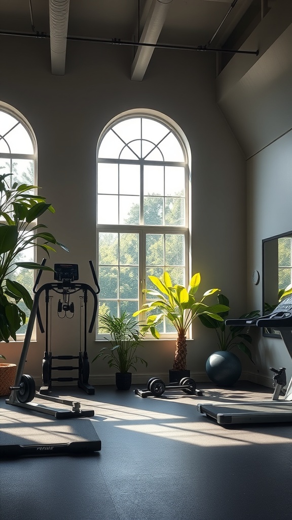 A bright home gym with large windows, plants, and fitness equipment.