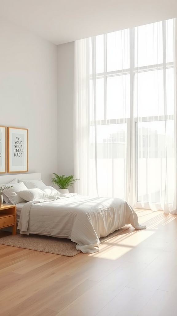 Bright and minimalist bedroom with large windows and sheer curtains