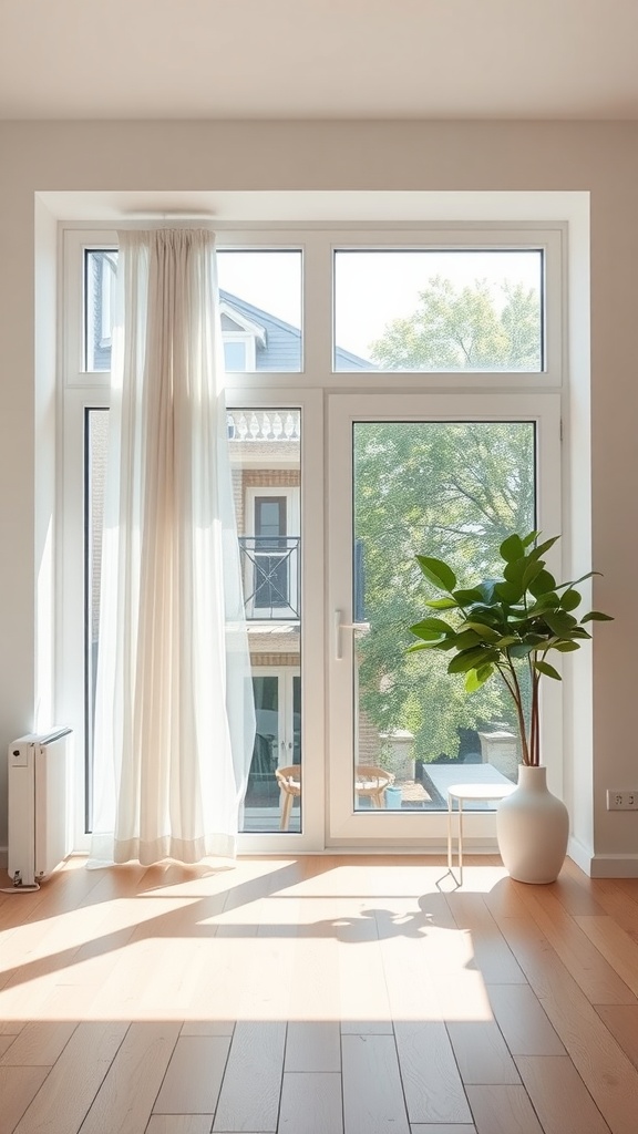 Bright minimalist apartment with large windows, sheer curtains, and a plant
