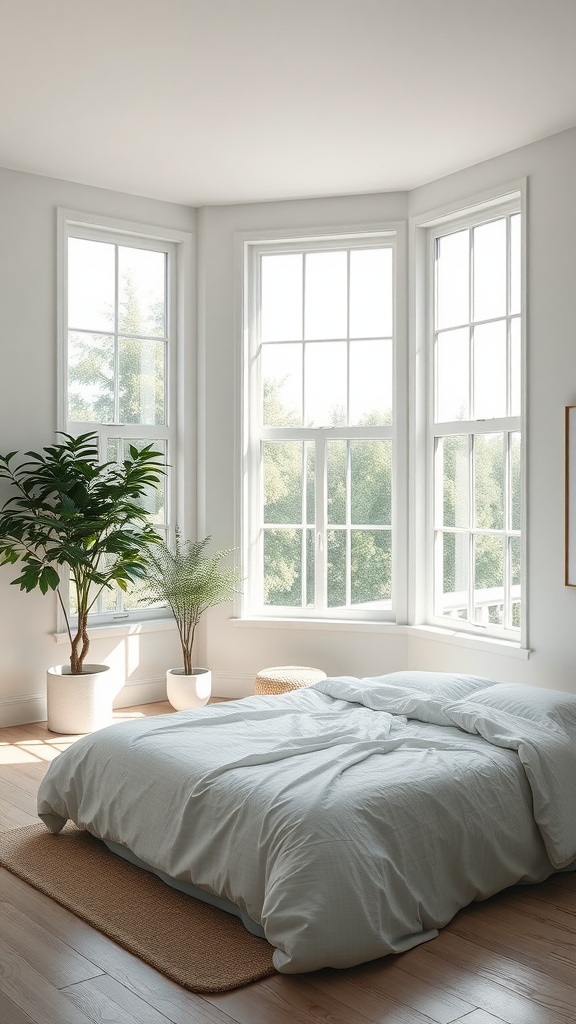 A modern minimal bedroom design with large windows allowing natural light to flood the space, featuring a bed, plants, and a cozy atmosphere.