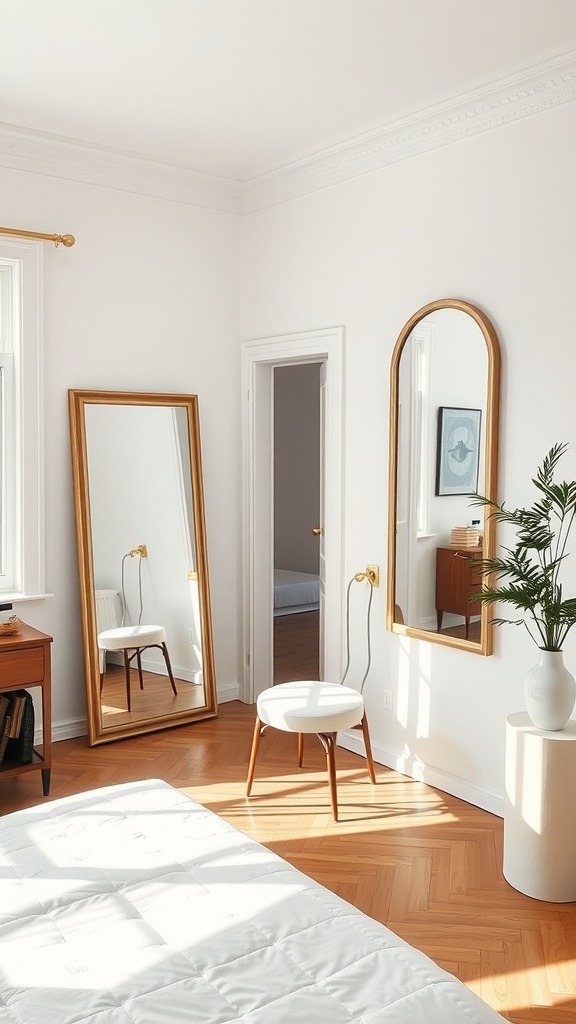 A bright bedroom featuring two mirrors, a chair, and a plant, showcasing natural light