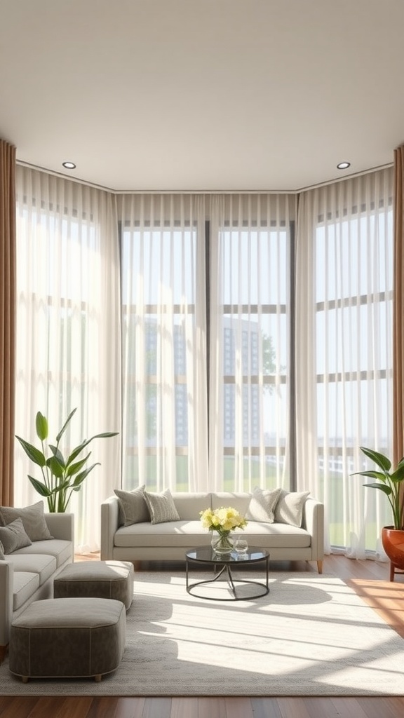 Bright living room with large windows, sheer curtains, modern furniture, and indoor plants.