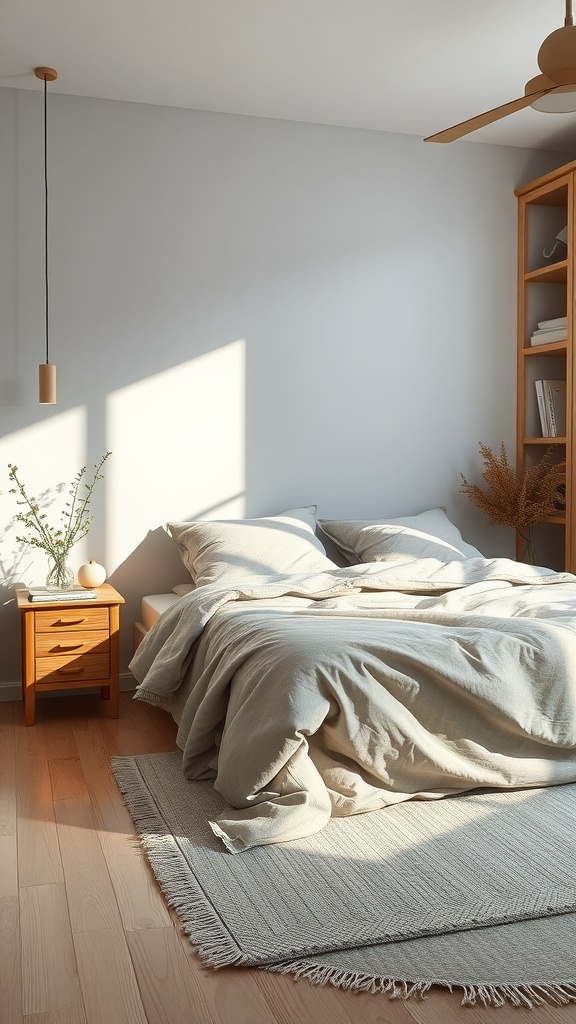 A cozy gray and beige bedroom featuring soft bedding, wooden furniture, and natural decor.