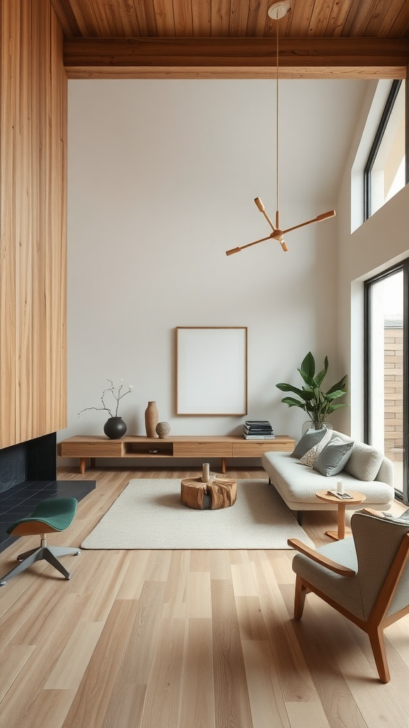 A minimalist living room featuring wooden ceiling and furniture, a round coffee table, and a plant.