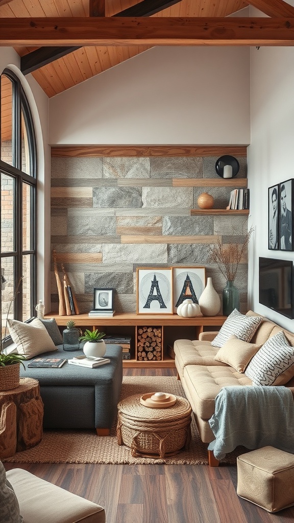 A cozy small living room featuring natural materials like wood and stone with plants and comfortable furniture.