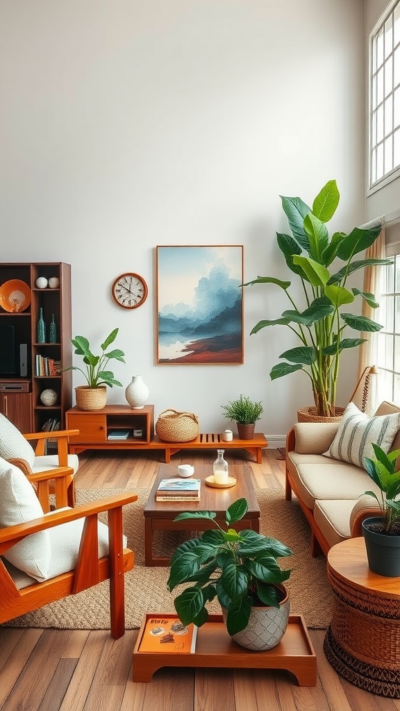 A cozy living room featuring natural wood furniture and various plants, creating a warm and inviting atmosphere.