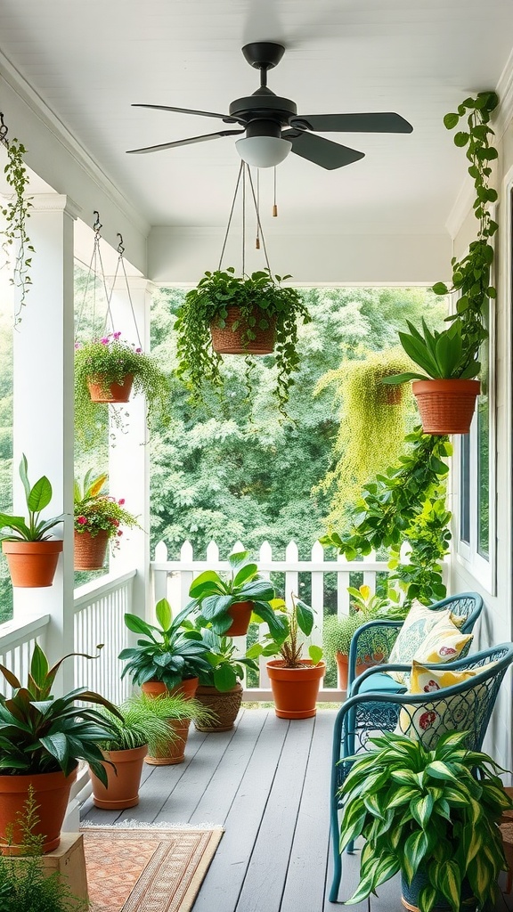 A cozy back porch with various potted plants and a seating area