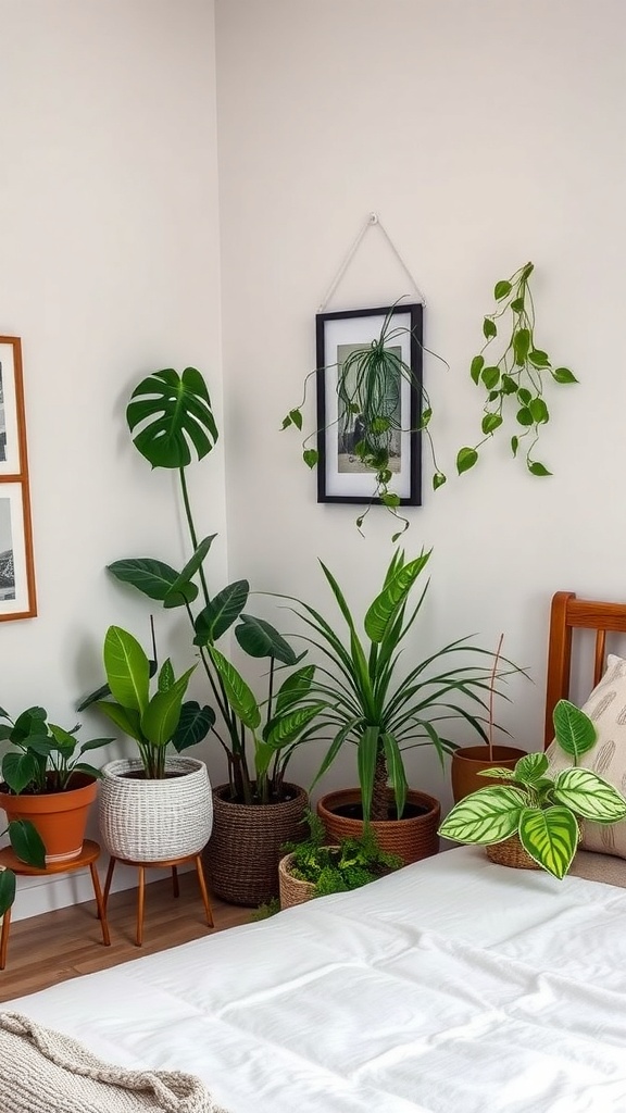 A cozy bedroom corner with various indoor plants in different pots, creating a lively atmosphere.