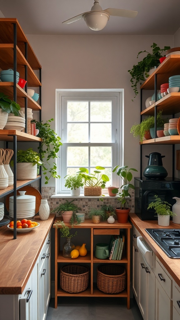 A cozy kitchen with open shelving, colorful dishes, and plants.