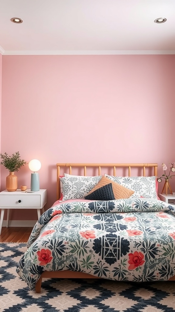 A stylish bedroom featuring a mix of floral and geometric patterns in black, pink, and grey.