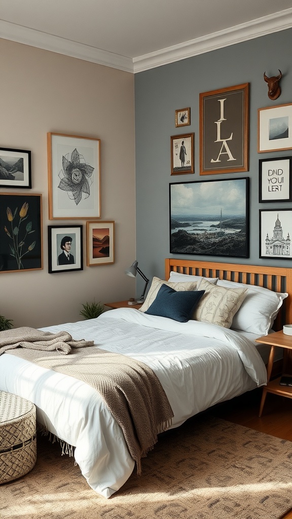 A cozy bedroom with a bed, decorative art on the wall, and a stylish side table.
