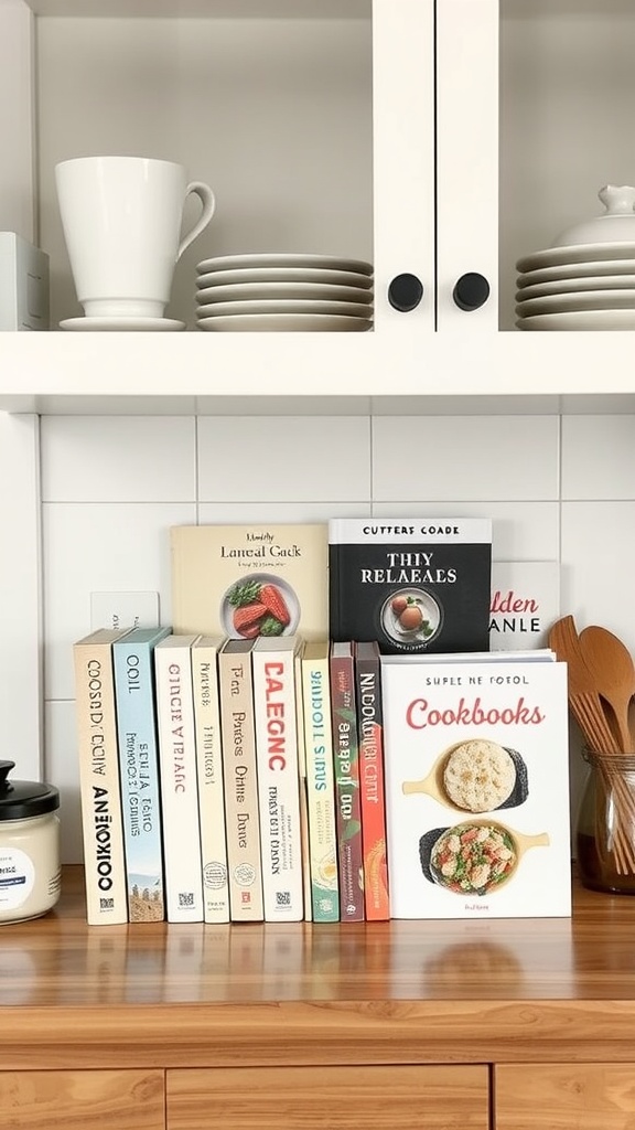 A cozy apartment kitchen featuring a collection of cookbooks on a wooden counter, with dishes and utensils in the background.