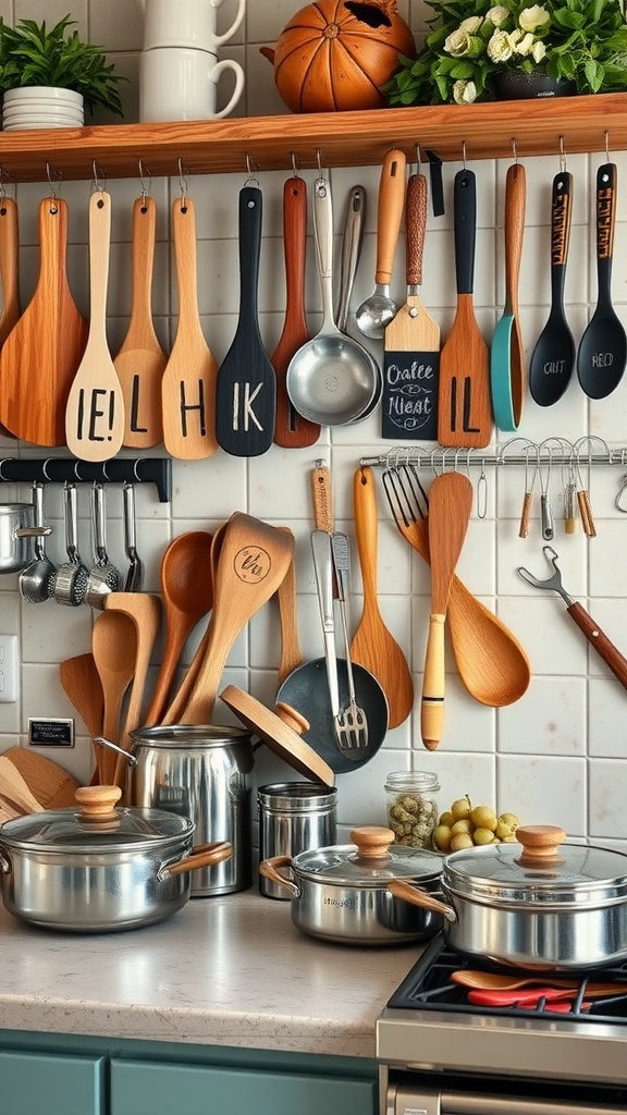 A cozy kitchen with wooden cooking utensils hanging on the wall, pots and pans on the countertop, and decorative plants.