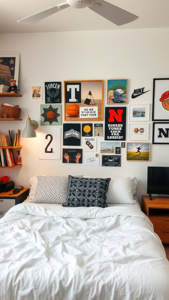 A cozy bedroom featuring a wall with various art pieces and personal touches, showcasing hobbies and interests.