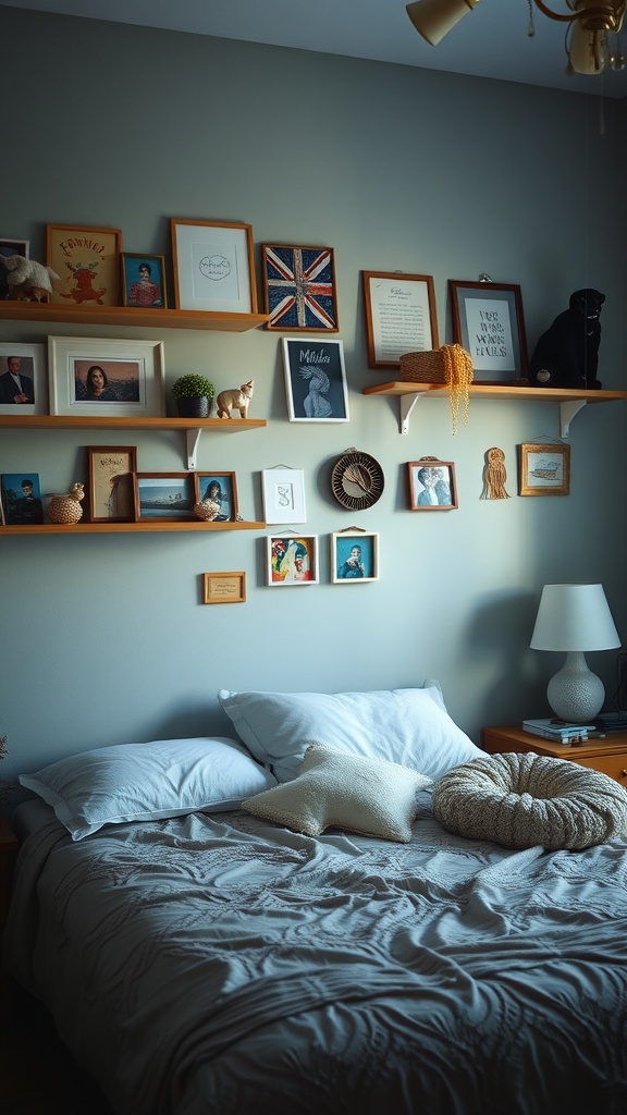 A cozy bedroom with a bed and a wall decorated with various framed photos and art pieces.