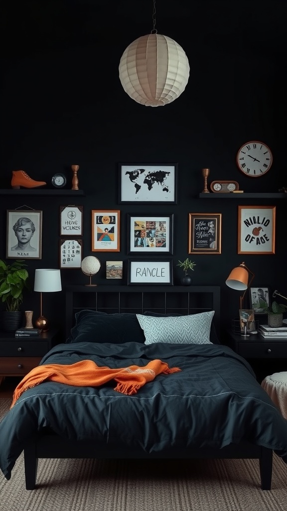 A stylish black bedroom featuring a black bed, orange throw blanket, and a gallery wall with various framed artworks.