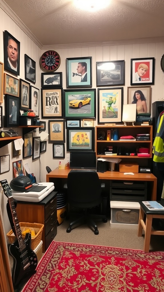 A cozy hobby room featuring framed art on walls, a desk area, and a guitar leaning against the wall.