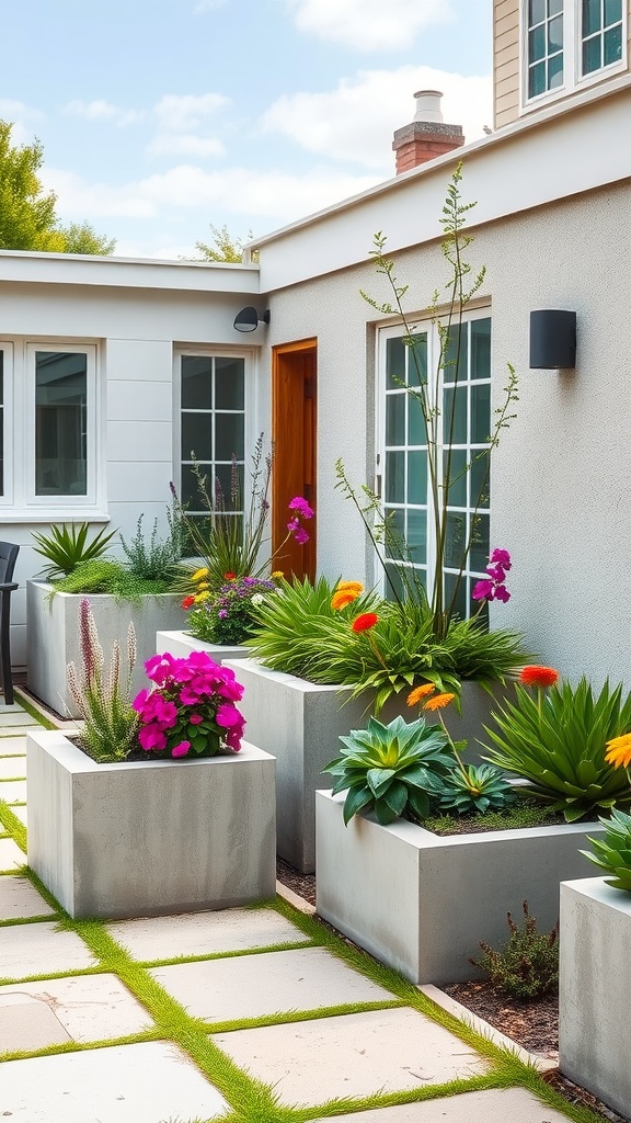 Modern concrete patio with colorful planters and plants