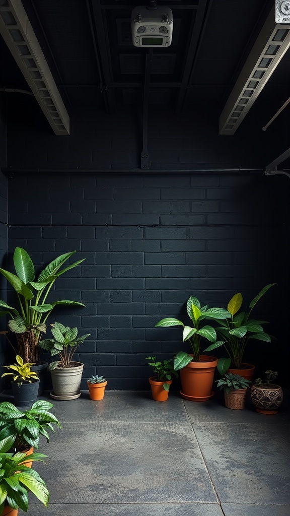A black garage gym with various indoor plants in pots, creating a lively atmosphere.