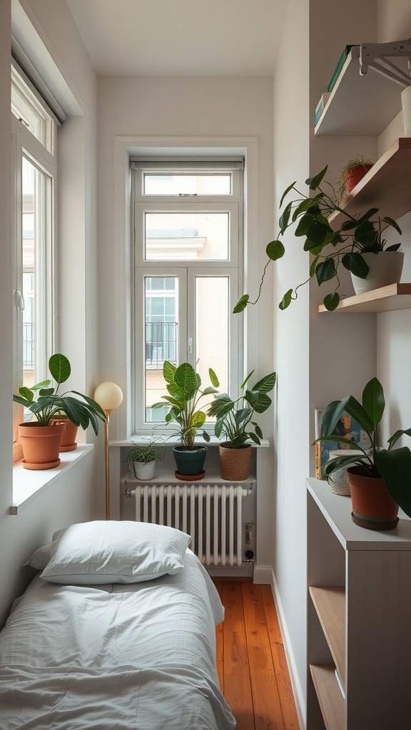A narrow bedroom with a bed, plants on the windowsill, and a cozy atmosphere.