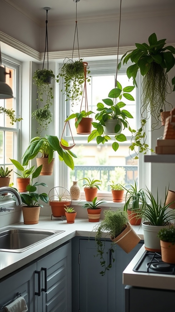 A cozy kitchen filled with various hanging and potted plants near a window.